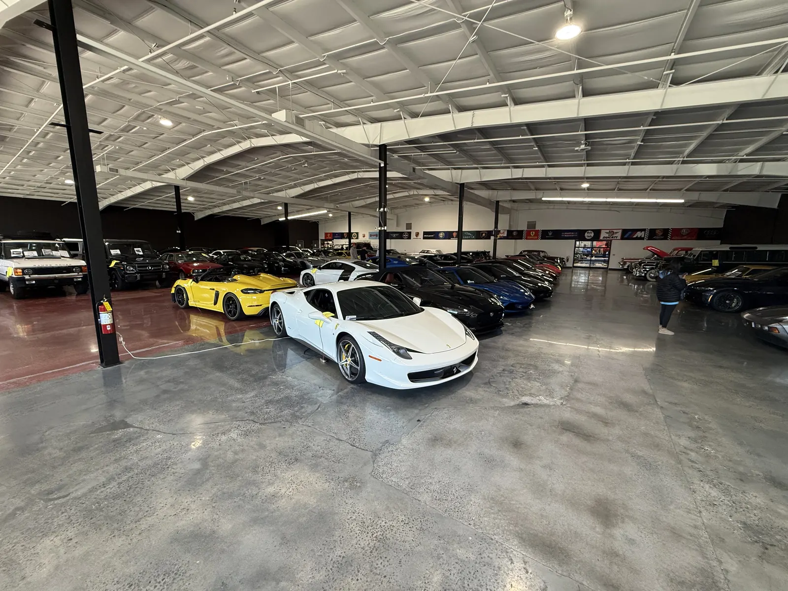 Exotic and collector cars under the showroom lights